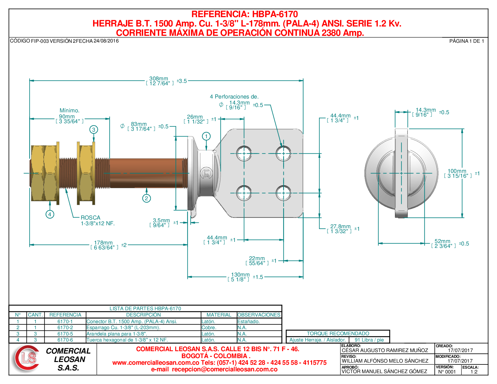 HERRAJE B.T. 1500 Amp. Cu. 1-3/8" L-178mm. (PALA-4) ANSI. SERIE 1.2 Kv.